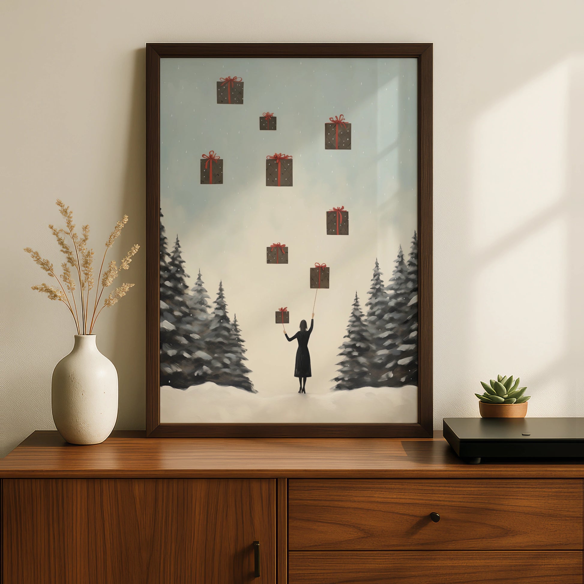Christmas Poster, Floating Gifts Winter Wall Art, Festive Snowy Scene, Minimalist Xmas Print