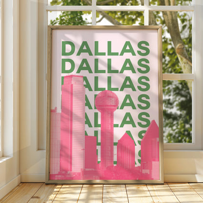 Dallas Travel Poster Texas Skyline Wall Art, Retro City Print, Pink Green Decor