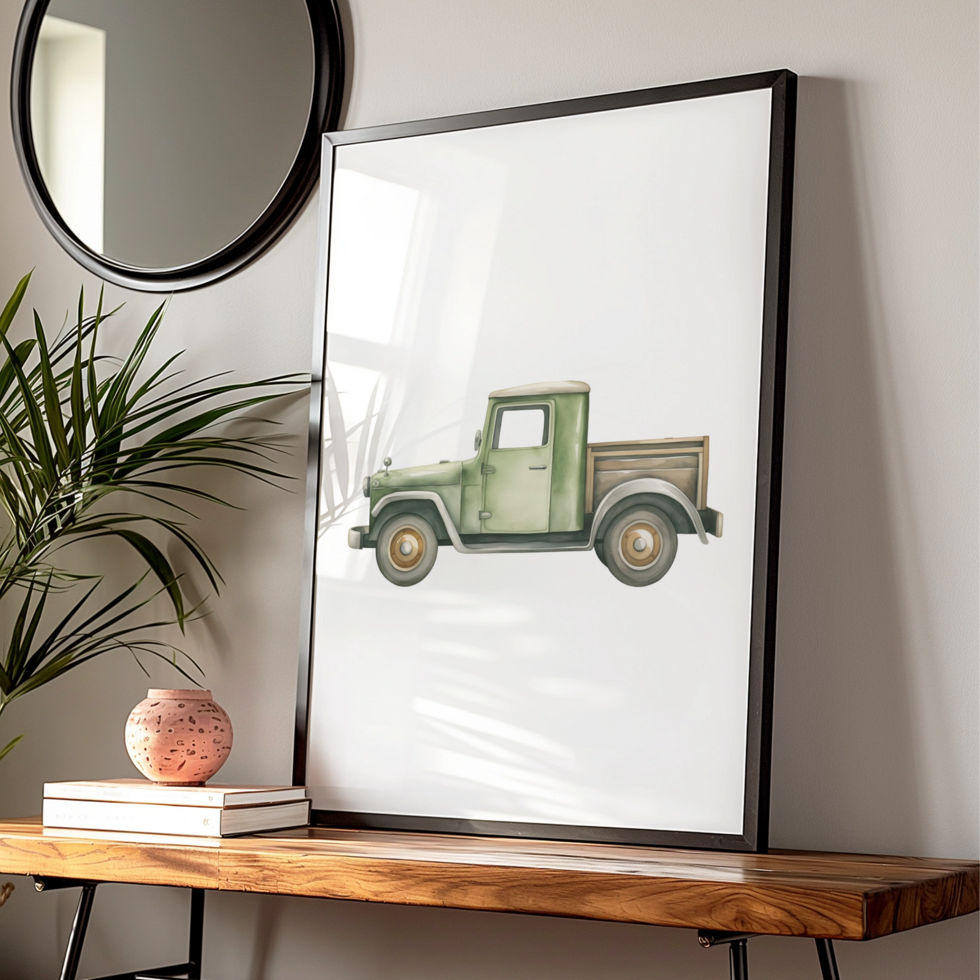 Vintage Green Truck Nursery Wall Art, Boys Room Poster, Watercolour Car Print
