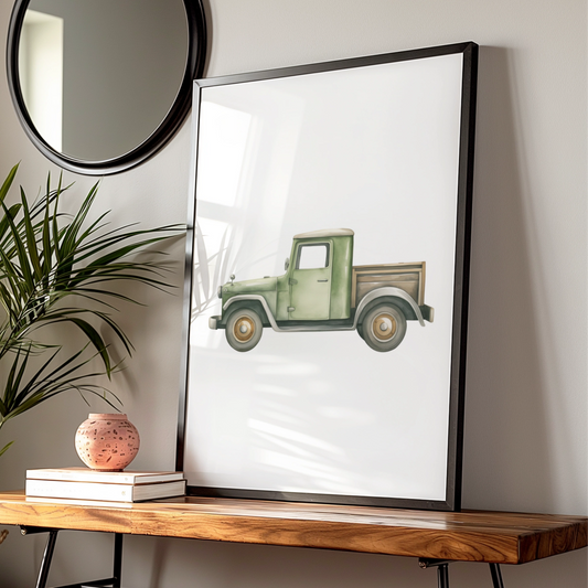 Vintage Green Truck Nursery Wall Art, Boys Room Poster, Watercolour Car Print
