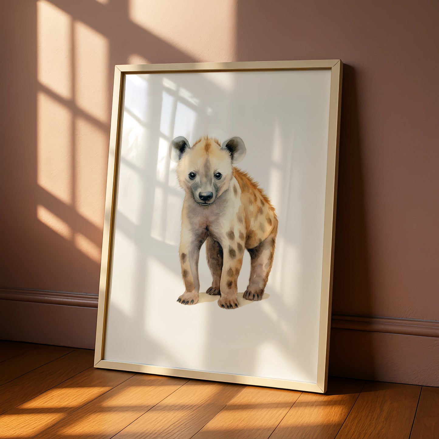 Baby Hyena Nursery Wall Art, Watercolour Safari Animal Print, Kids Room Poster