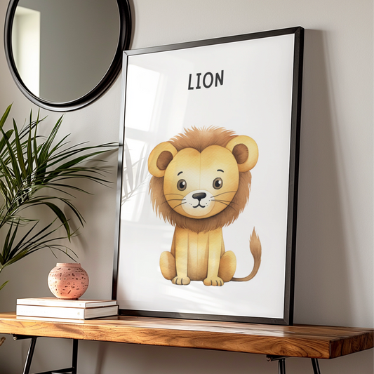 Lion Nursery Wall Art, Cute Animal Poster for Baby Room, Kids Safari Print