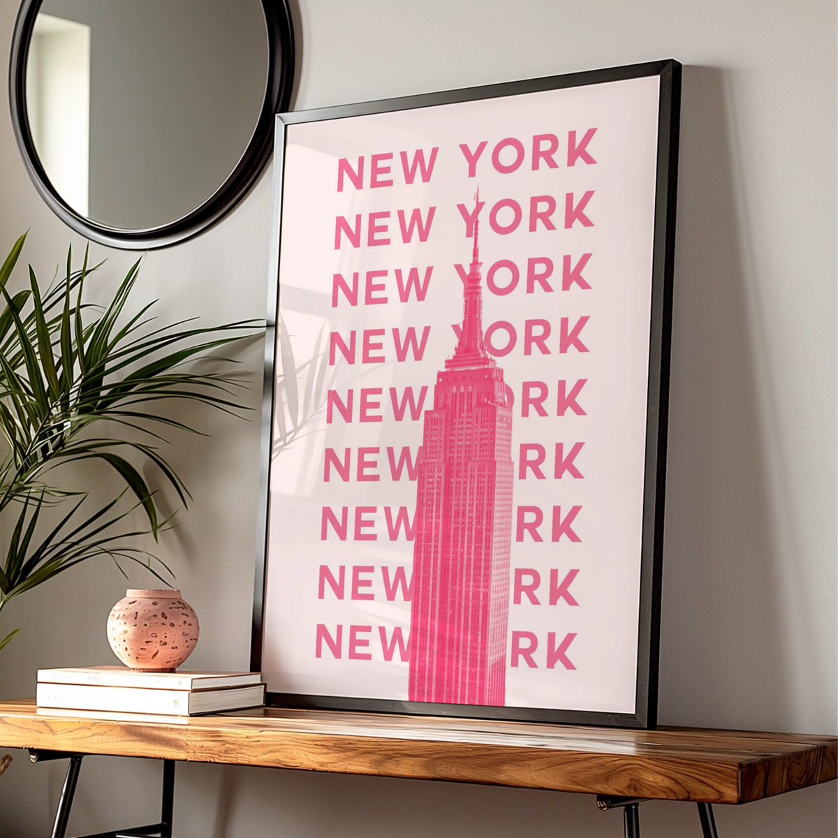 New York City Travel Poster, Pink Empire State Building Wall Art, NYC Print