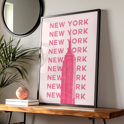 New York City Travel Poster, Pink Empire State Building Wall Art, NYC Print