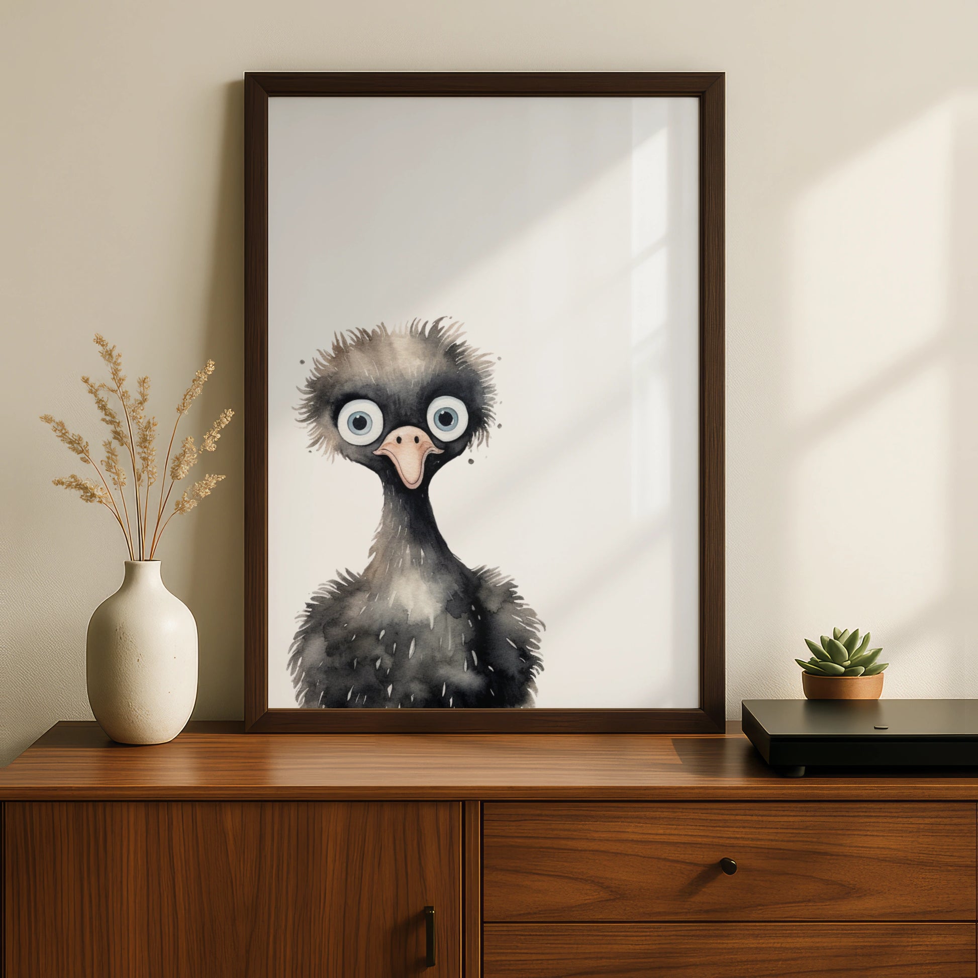 Emu Nursery Wall Art, Cute Watercolour Bird Poster, Kids Room Animal Print
