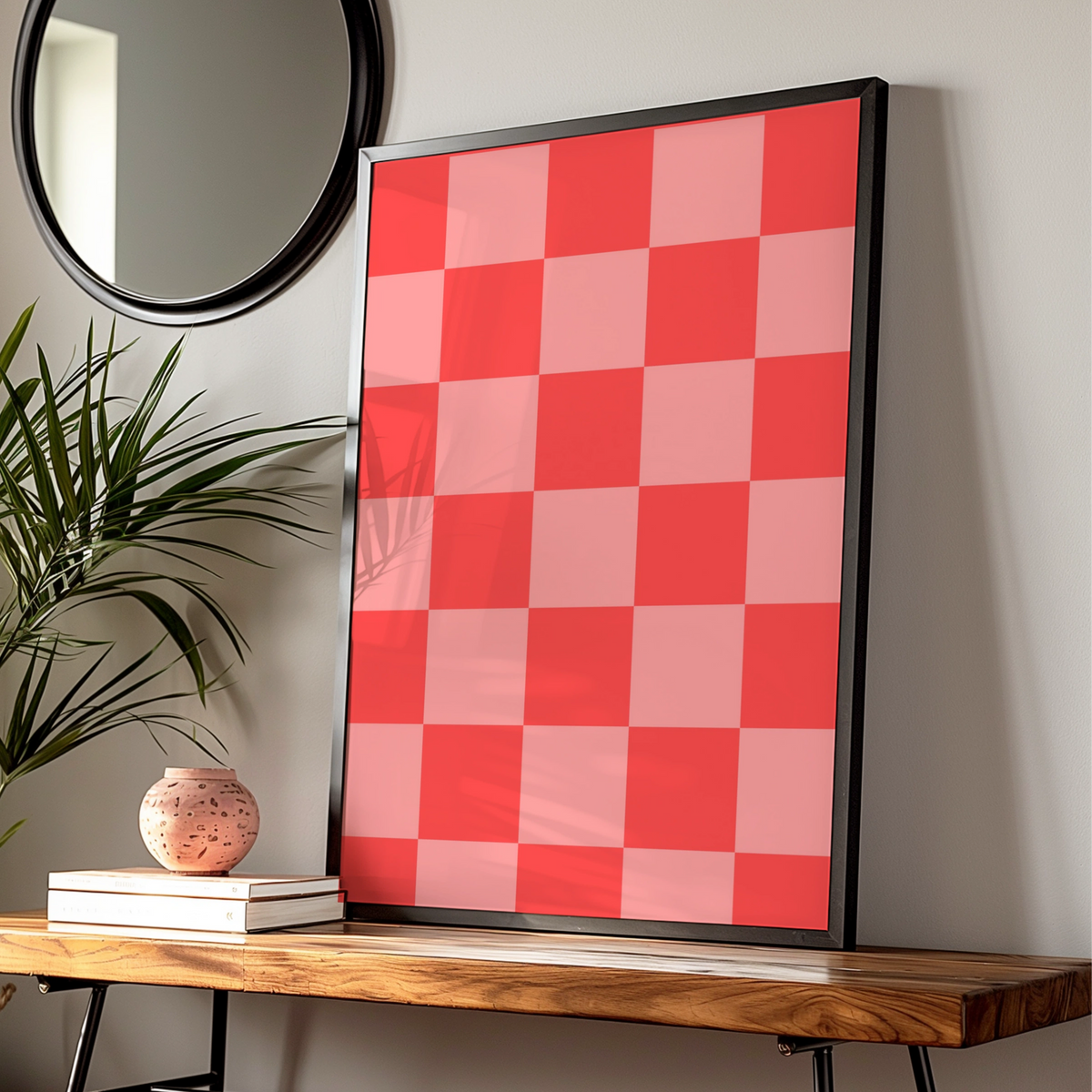 Red Checkerboard Maximalist Poster, Bold Geometric Wall Art, Modern Grid Print