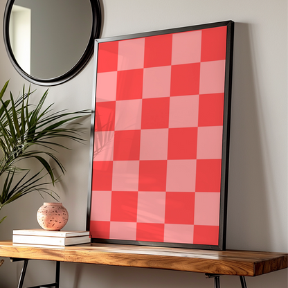 Red Checkerboard Maximalist Poster, Bold Geometric Wall Art, Modern Grid Print