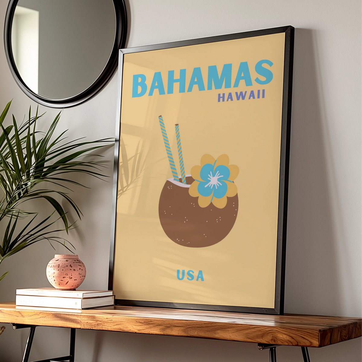 Bahamas Hawaii Travel Poster, Retro Tropical Wall Art, Coconut Drink Print, Beach Decor
