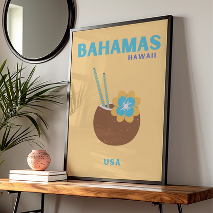 Bahamas Hawaii Travel Poster, Retro Tropical Wall Art, Coconut Drink Print, Beach Decor