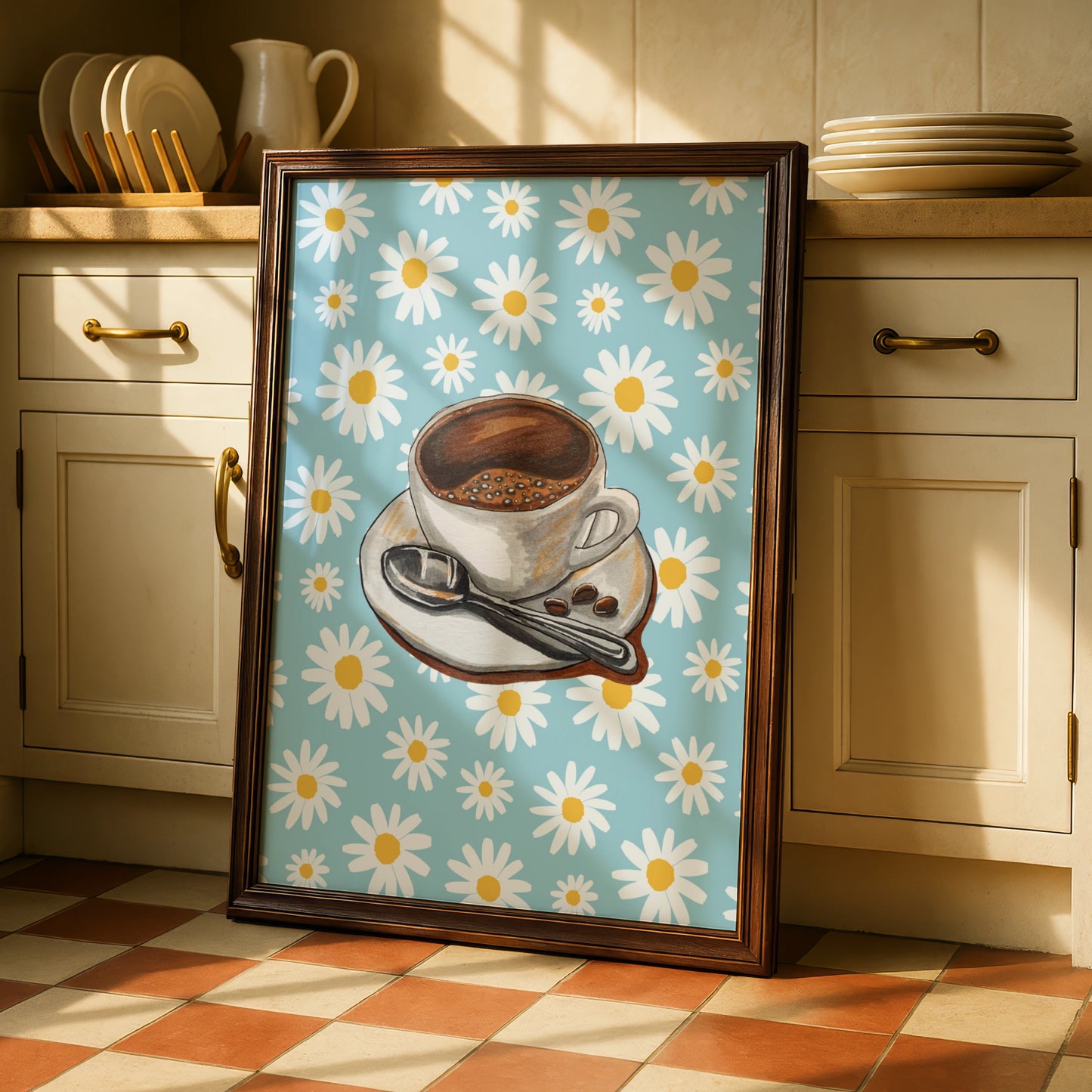 Maximalist Coffee Cup Daisy Poster, Retro Floral Kitchen Wall Art, Blue Espresso Print