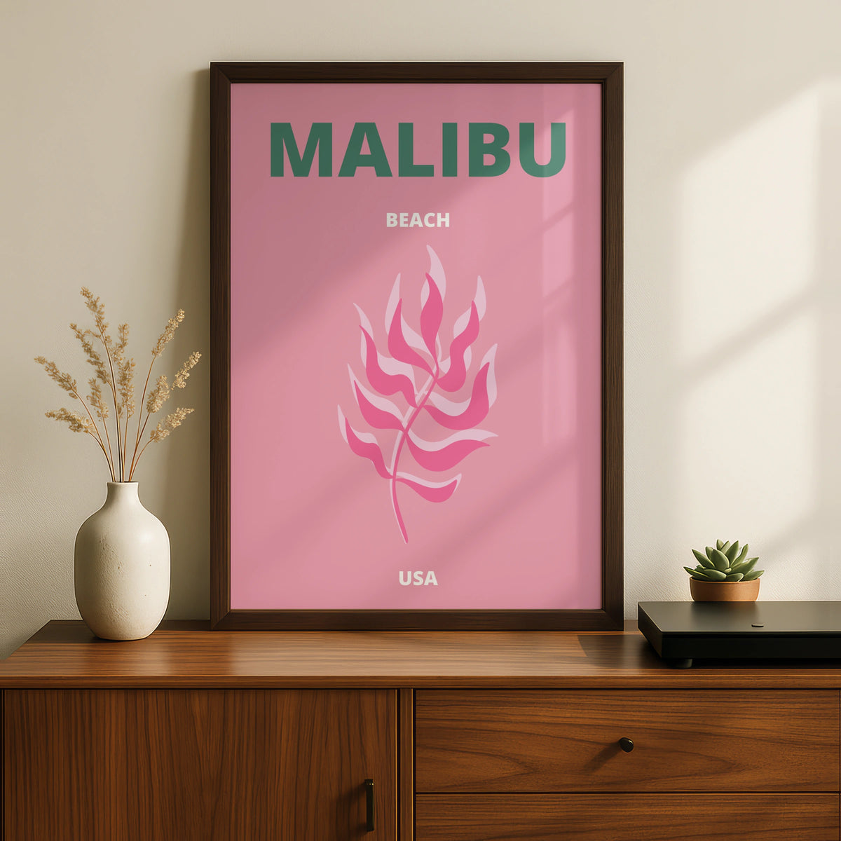 Malibu Beach Travel Poster, California USA Wall Art, Pink Retro Coastal Print