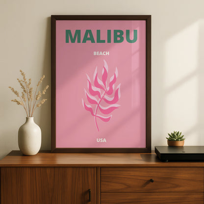 Malibu Beach Travel Poster, California USA Wall Art, Pink Retro Coastal Print