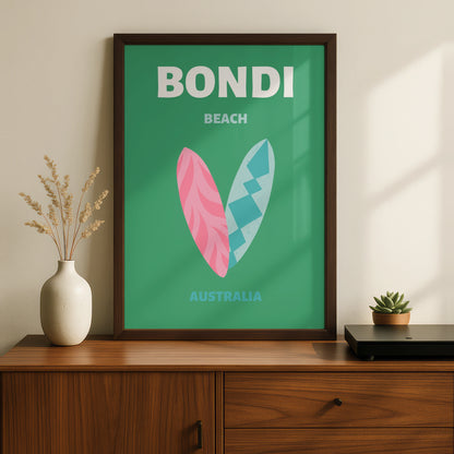 Bondi Beach Australia Travel Poster, Retro Surf Wall Art, Sydney Coastal Print