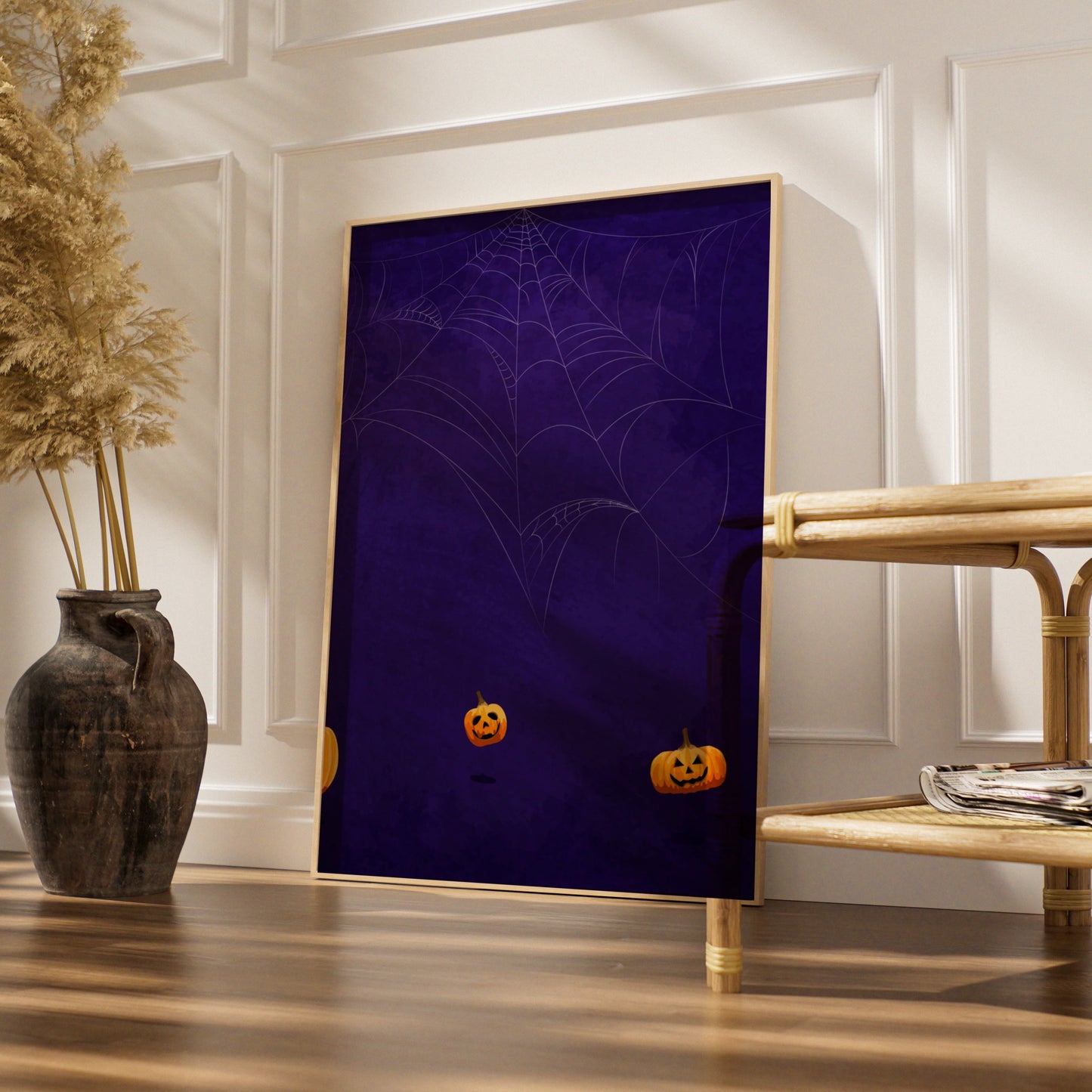 Halloween Pumpkin Spider Web Poster, Jack O Lantern Wall Art, Spooky Purple Print