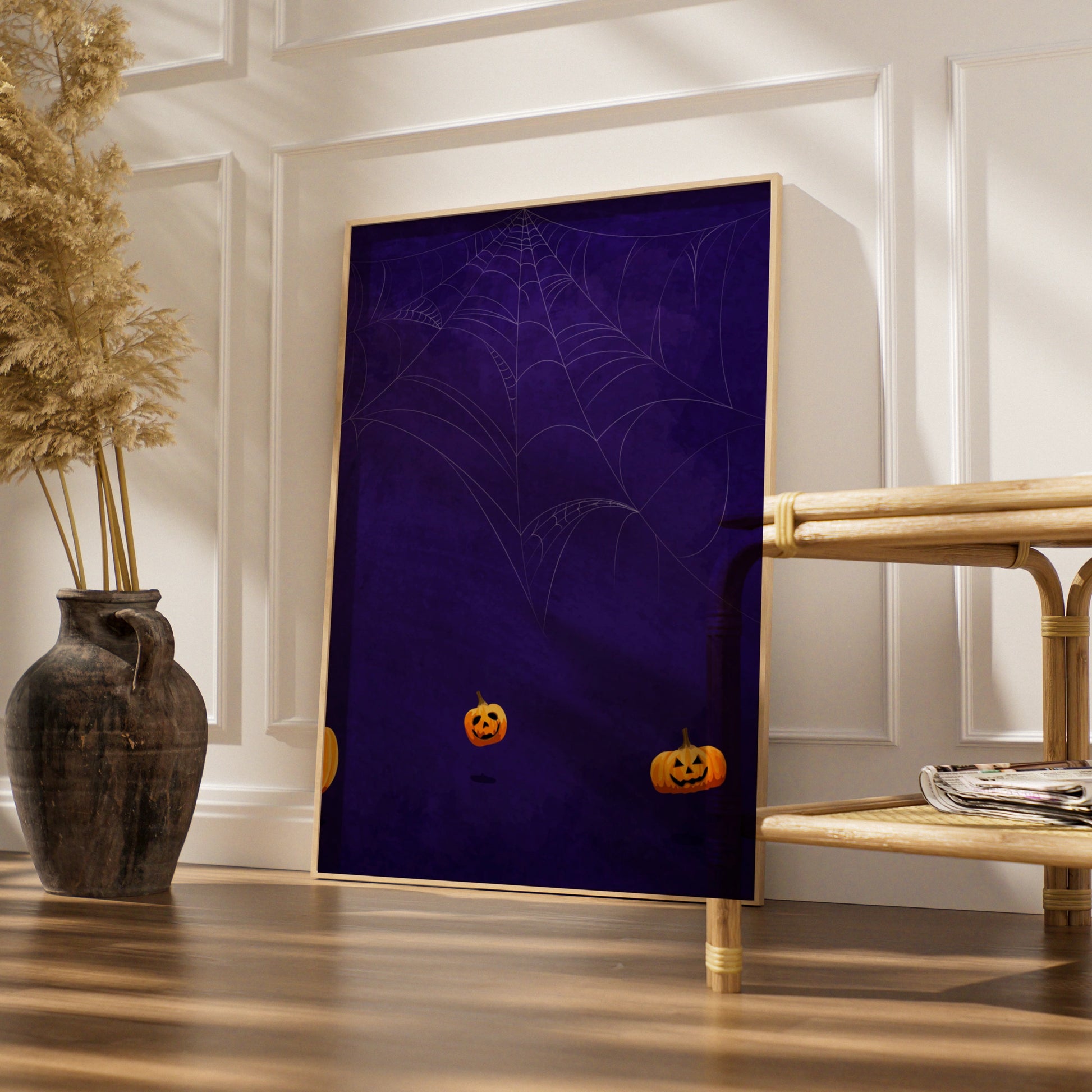 Halloween Pumpkin Spider Web Poster, Jack O Lantern Wall Art, Spooky Purple Print