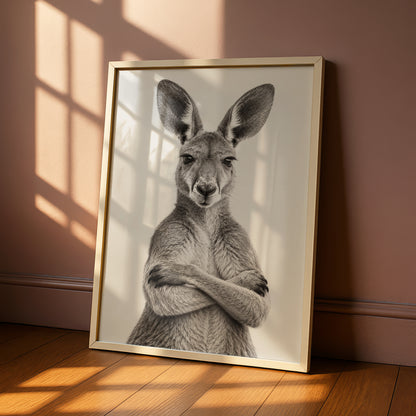 Kangaroo Portrait Print, Arms Crossed Australian Wall Art, Black White Animal Poster
