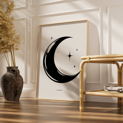 Luna Crescent Moon Print, Black and White Poster, Minimalist Star Wall Art, Celestial Monochrome