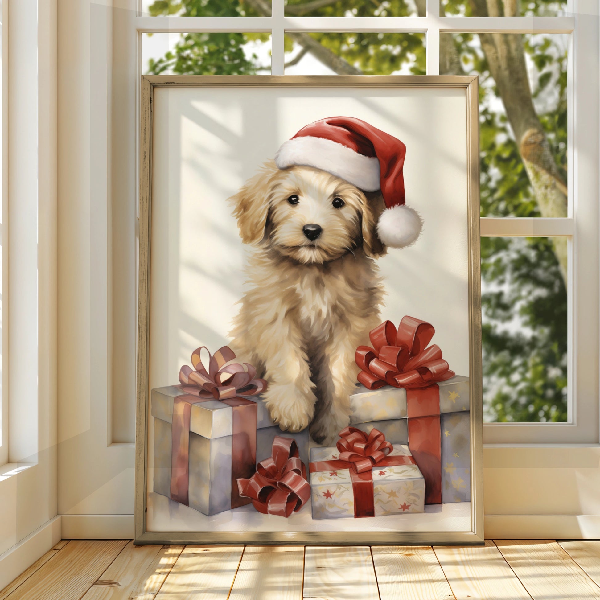 Christmas Puppy Poster, Goldendoodle Santa Hat Print, Festive Dog Wall Art Gift