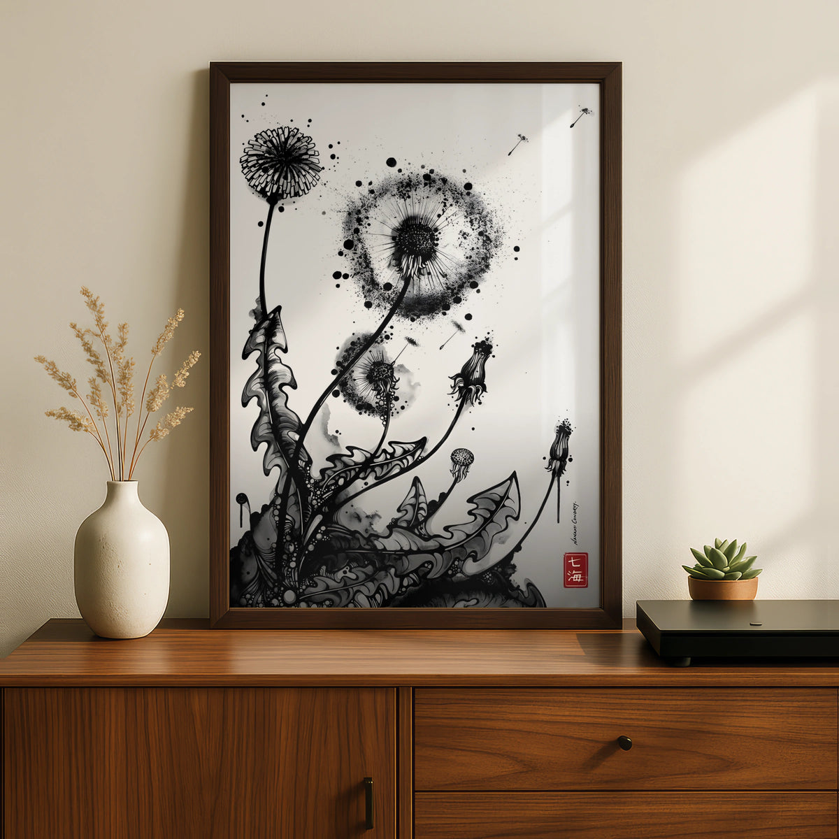 Dandelion Ink Art Print, Black and White Botanical Poster, Monochrome Wall Art, Modern Floral Decor