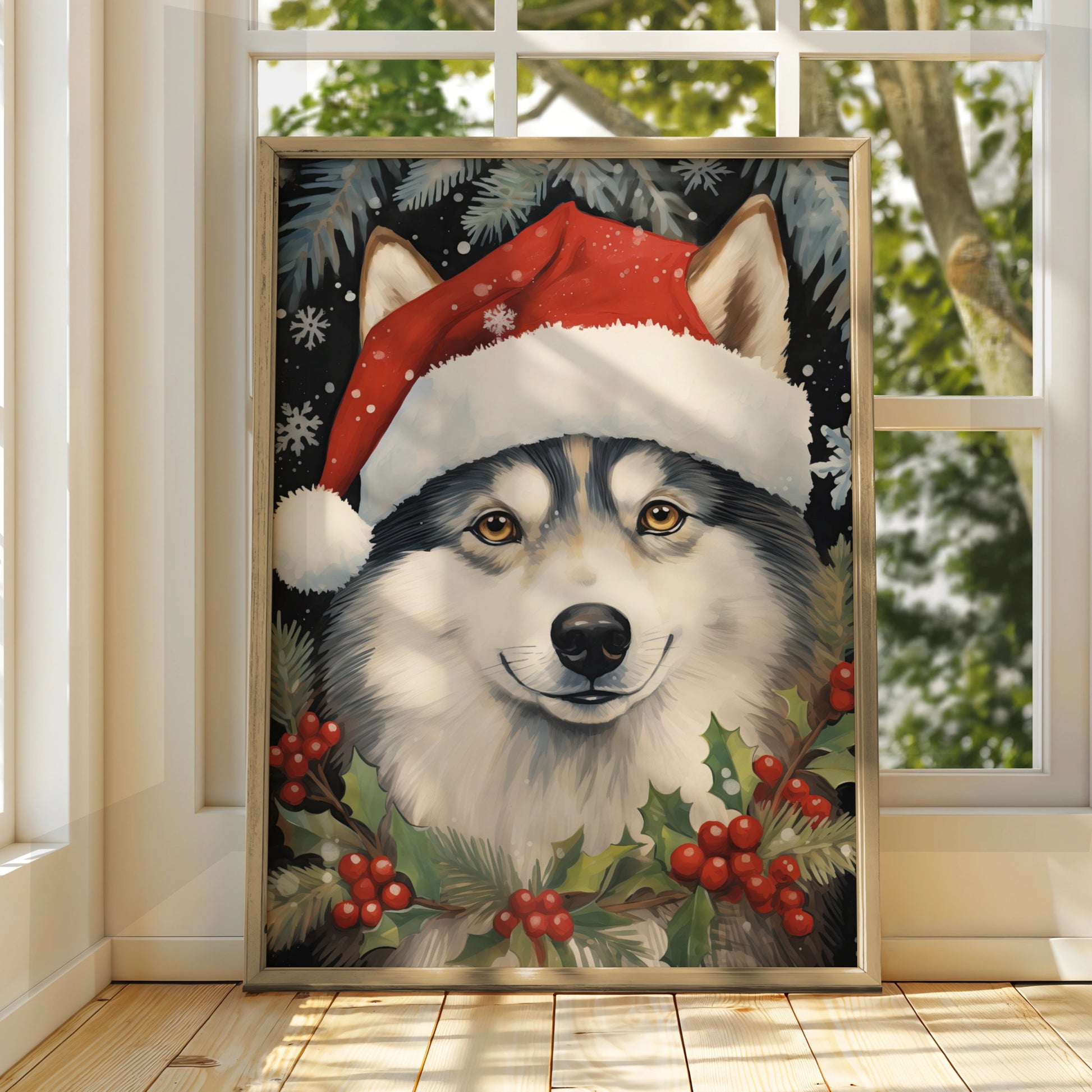 Christmas Husky Poster, Santa Hat Dog Wall Art, Festive Husky Print, Holiday Animal Decor