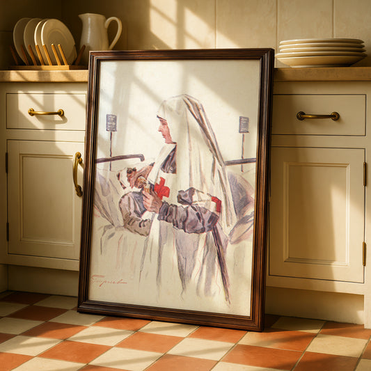 Vintage Red Cross Nurse Poster, WWI War Art Print, Antique Hospital Wall Art