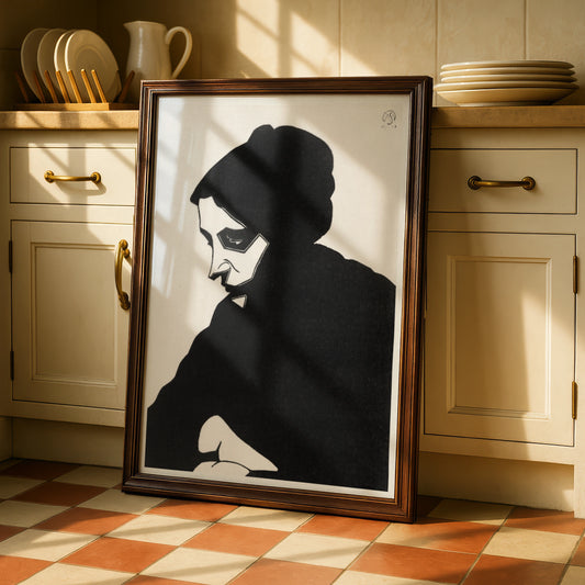 Halloween Masked Figure Poster, Dark Gothic Silhouette Art, Black White Wall Print