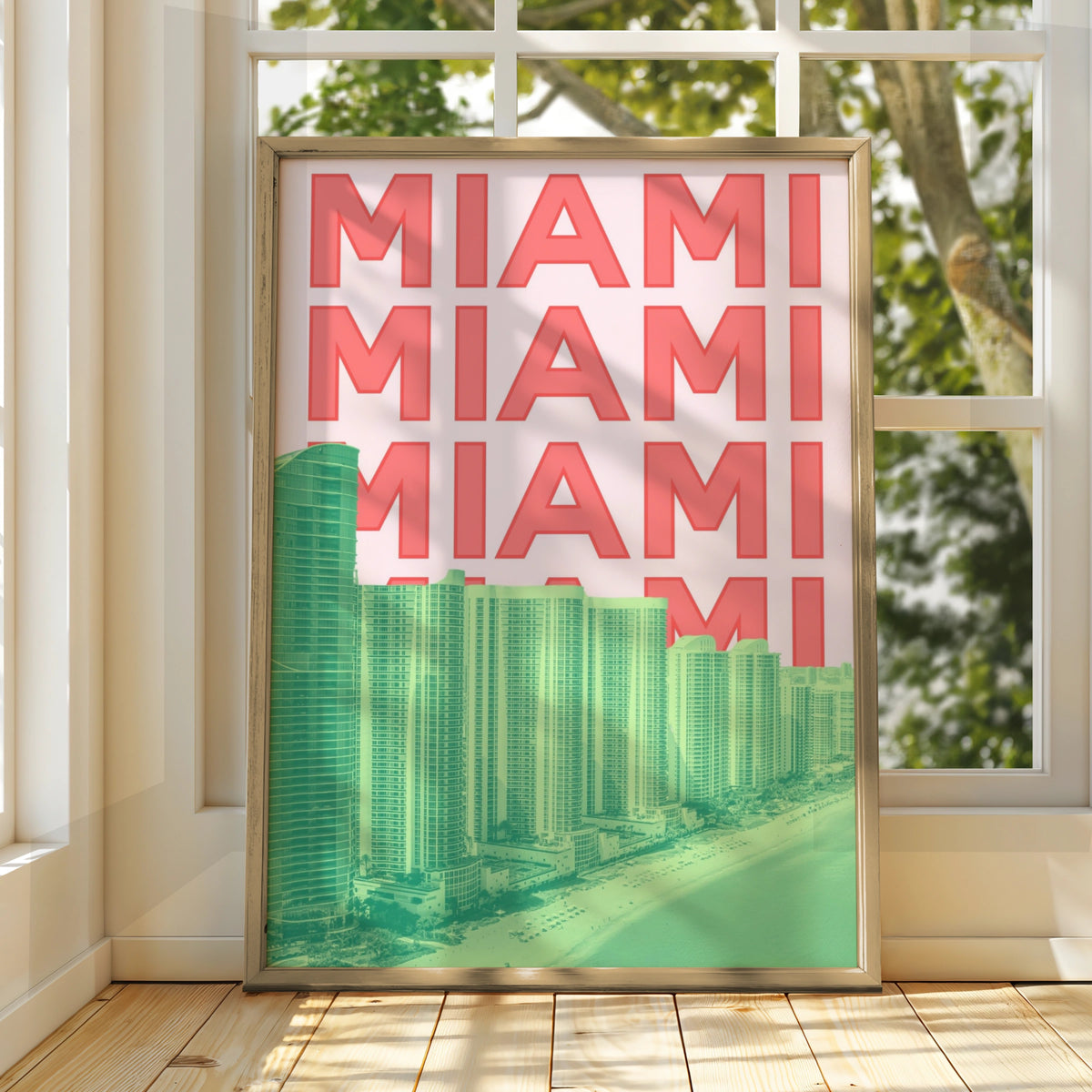 Miami Travel Poster, Florida Retro Wall Art, City Print, Pink Green Bold Typography Decor