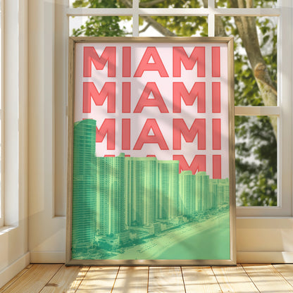 Miami Travel Poster, Florida Retro Wall Art, City Print, Pink Green Bold Typography Decor