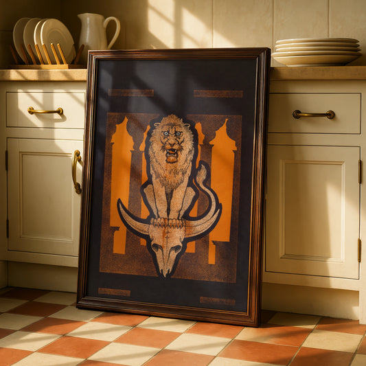 Halloween Lion Skull Art Print, Dark Gothic Poster, Orange Black Occult Wall Art