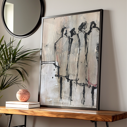 Abstract Figure Group Monochrome Wall Art, Black and White Modern Poster, Neutral Gallery Print