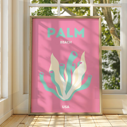 Palm Beach Travel Poster, Florida USA Wall Art, Retro Beach Print, Pink Coral Coastal Decor
