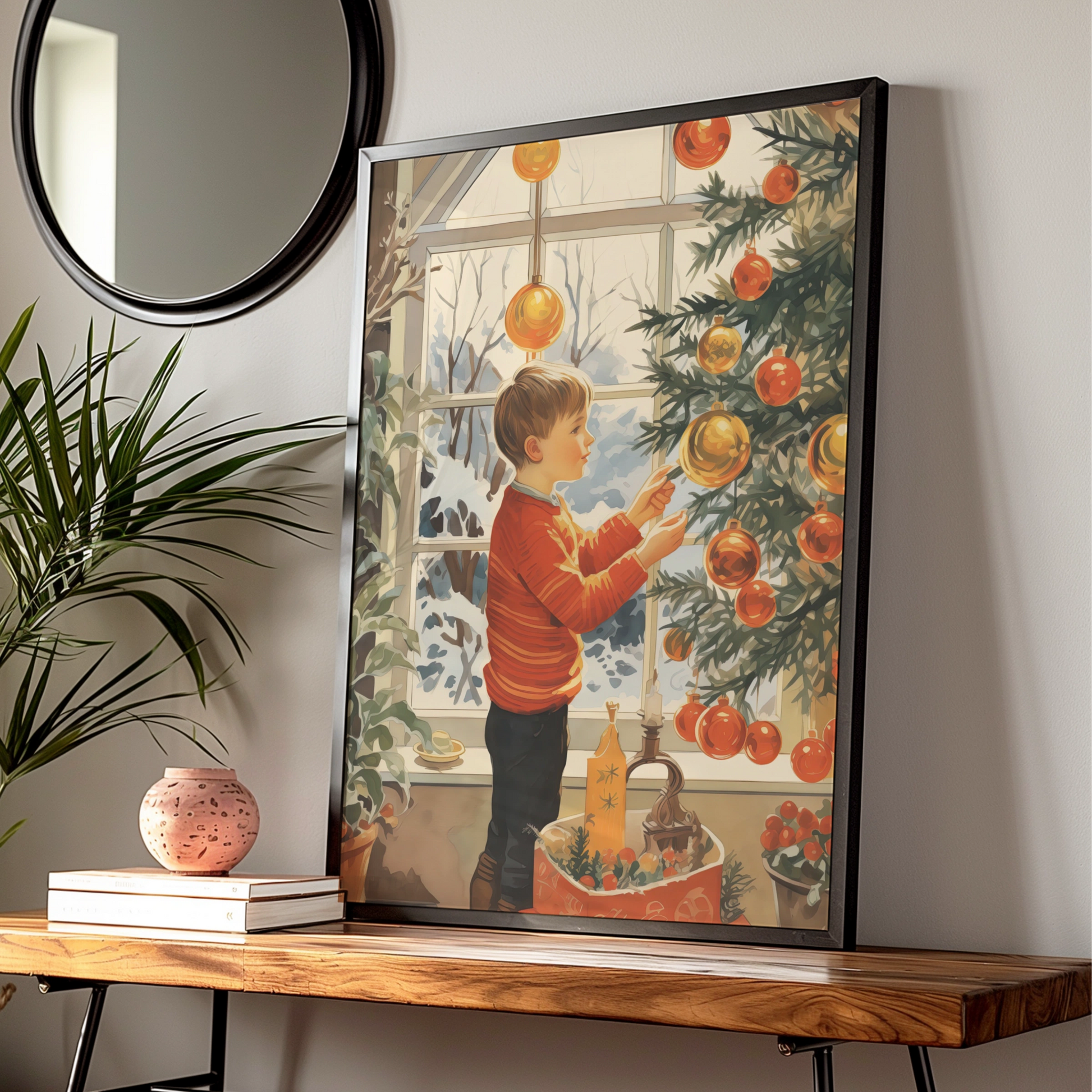 Christmas Tree Decoration Poster, Boy Hanging Baubles, Festive Retro Wall Art Print
