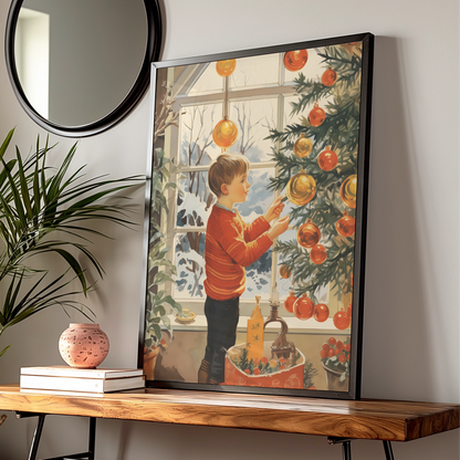 Christmas Tree Decoration Poster, Boy Hanging Baubles, Festive Retro Wall Art Print