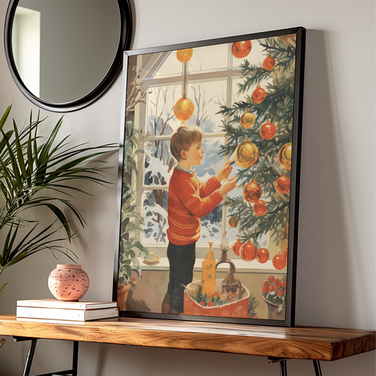 Christmas Tree Decoration Poster, Boy Hanging Baubles, Festive Retro Wall Art Print