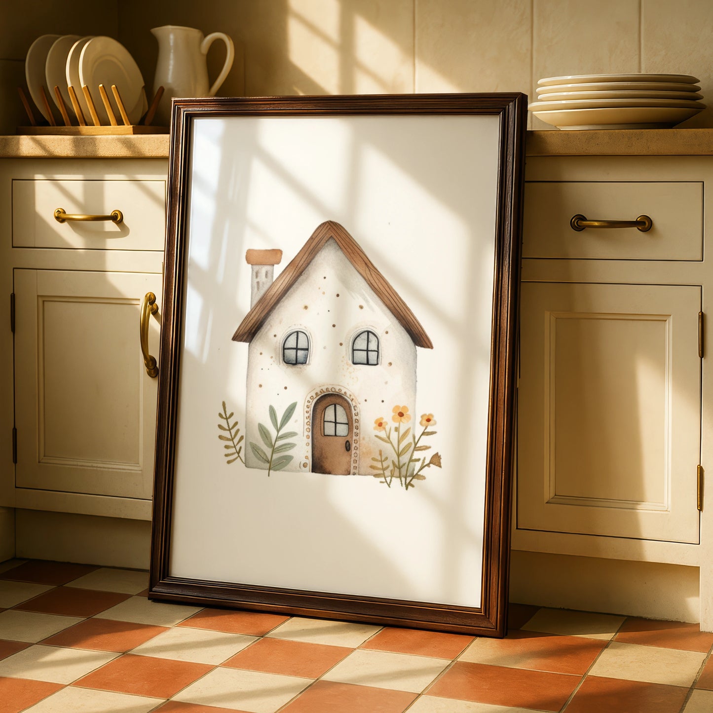 Nursery Wall Art Cute House Print, Boho Watercolour Poster, Baby Room Floral Decor