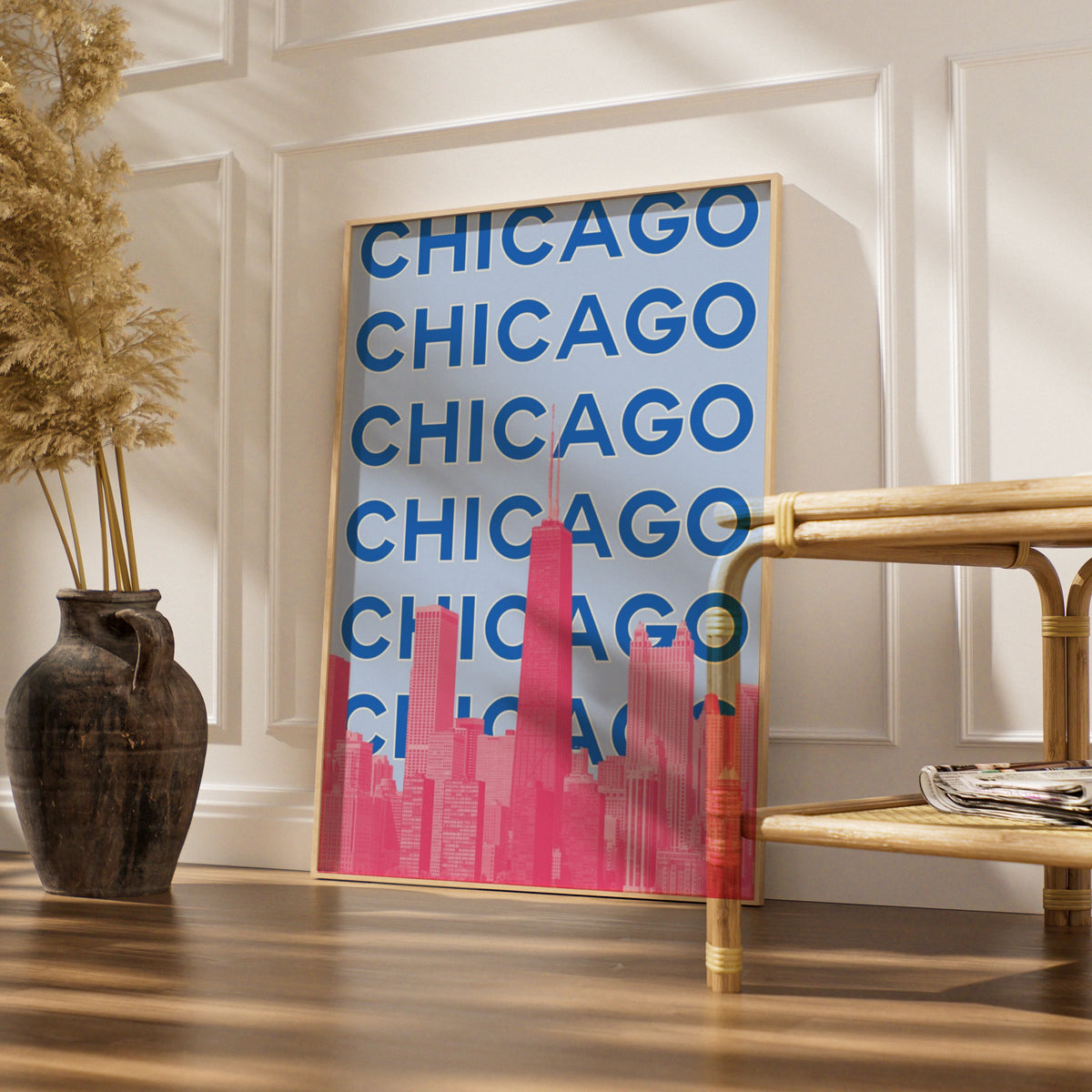 Chicago Travel Poster, Retro City Wall Art, USA Skyline Print, Blue Pink Illinois Decor