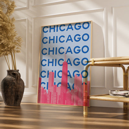 Chicago Travel Poster, Retro City Wall Art, USA Skyline Print, Blue Pink Illinois Decor