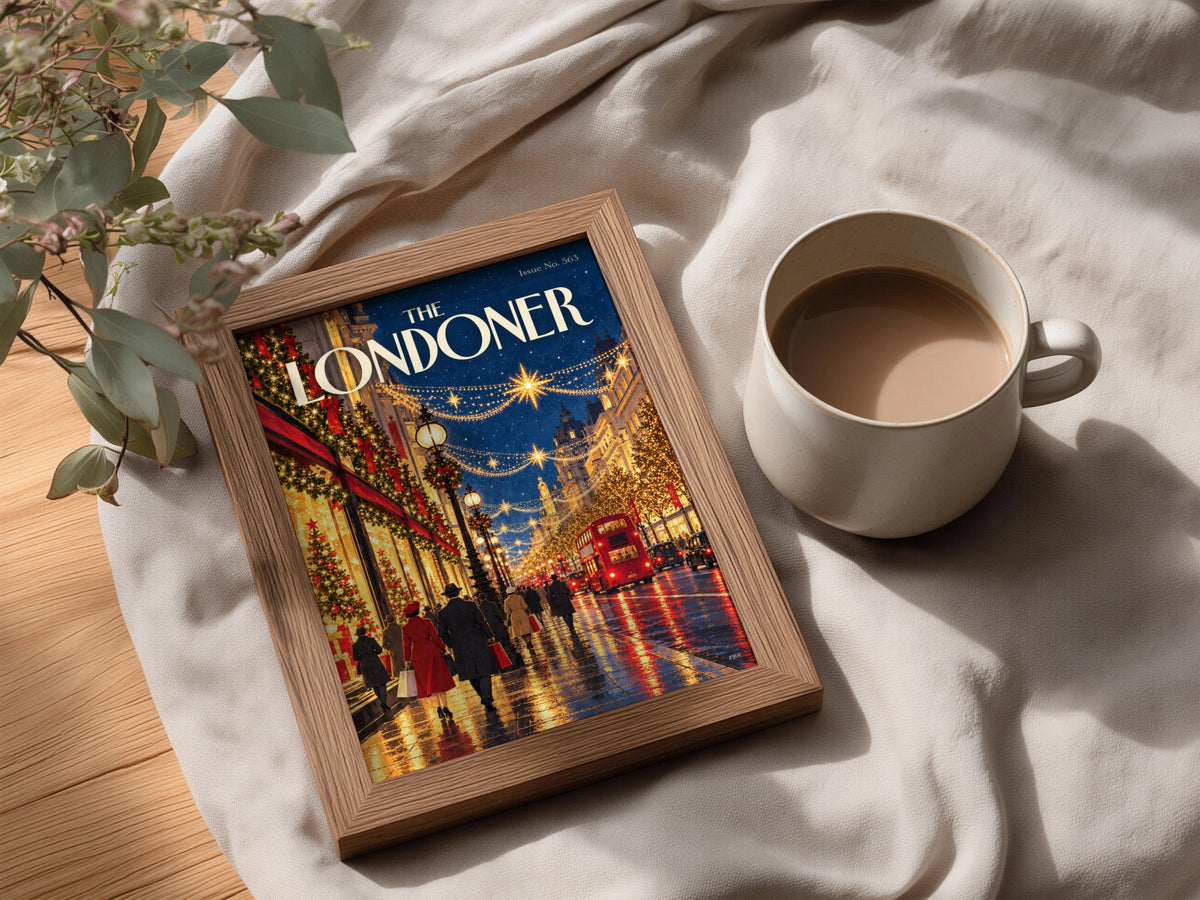 London Christmas Poster, Festive Street Wall Art, Red Double Decker Bus Print, Vintage Magazine
