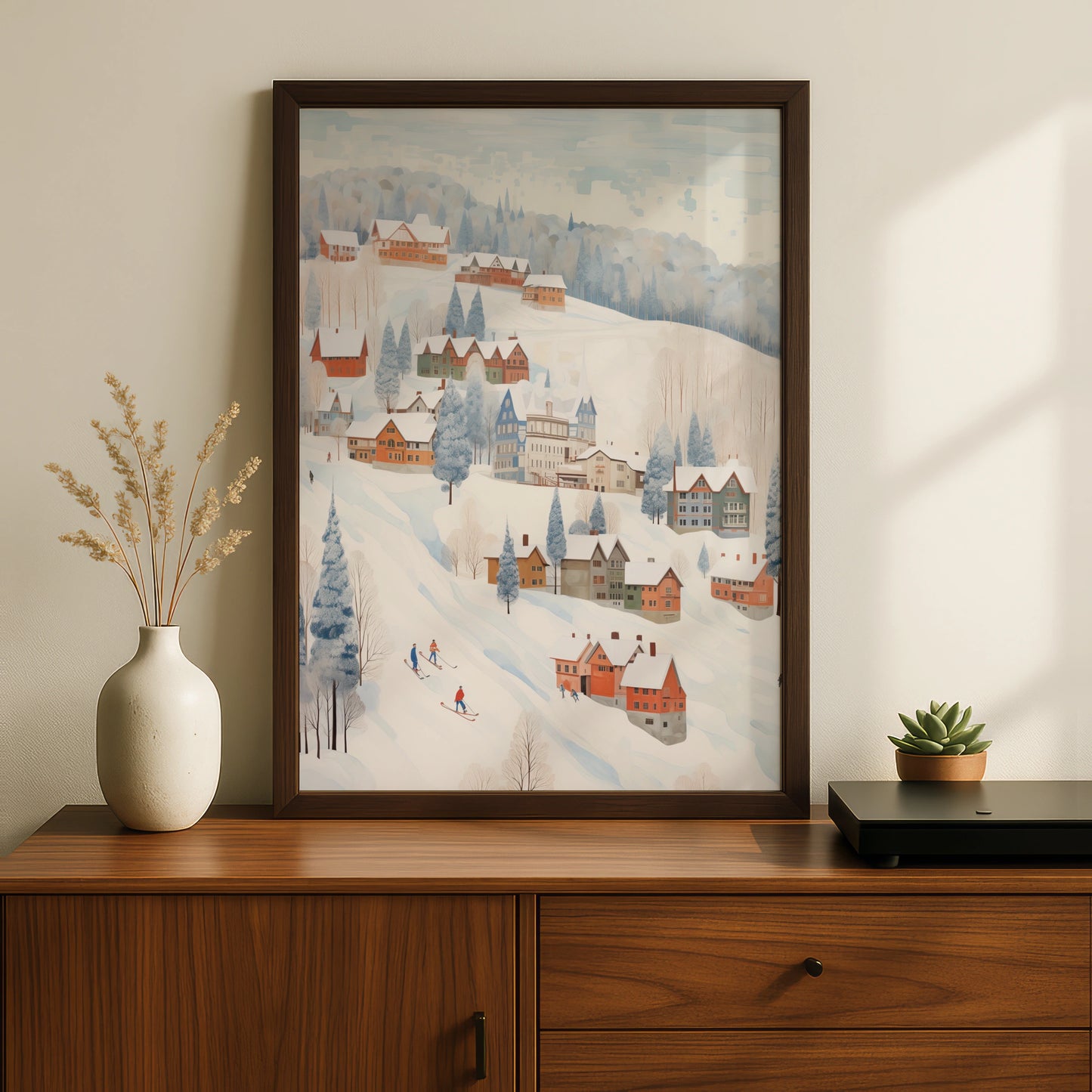 Christmas Winter Village Poster, Snowy Ski Scene Wall Art, Festive Holiday Print, Cosy Xmas Decor