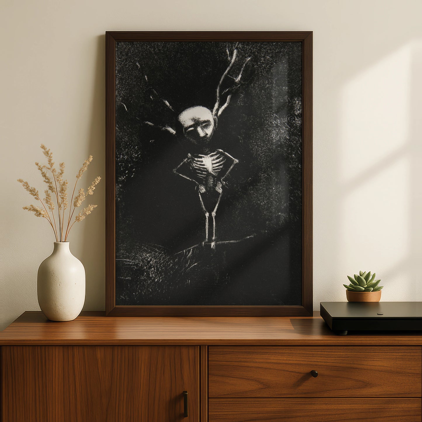 Dark Skeleton Halloween Art Print, Gothic Skull Poster, Spooky Black Wall Art, Occult Macabre Decor