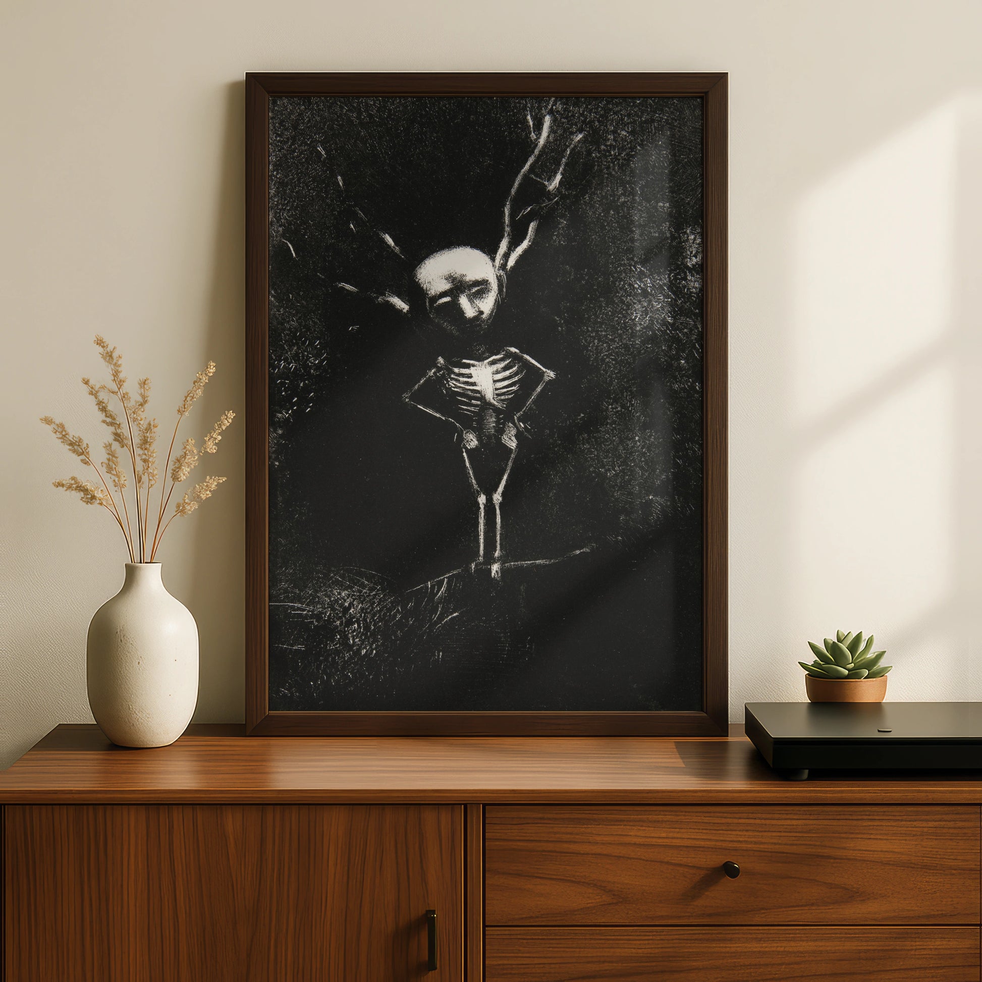 Dark Skeleton Halloween Art Print, Gothic Skull Poster, Spooky Black Wall Art, Occult Macabre Decor