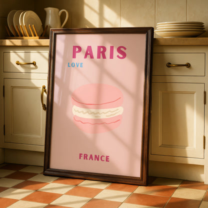 Paris France Travel Poster, French Macaron Wall Art, Retro Pink Paris Print, Kitchen Decor