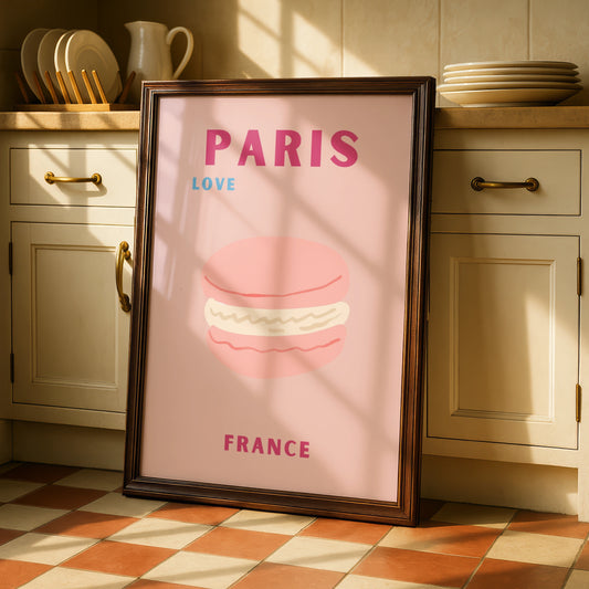 Paris France Travel Poster, French Macaron Wall Art, Retro Pink Paris Print, Kitchen Decor