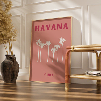 Havana Cuba Travel Poster, Retro Palm Tree Wall Art, Pink Tropical Print