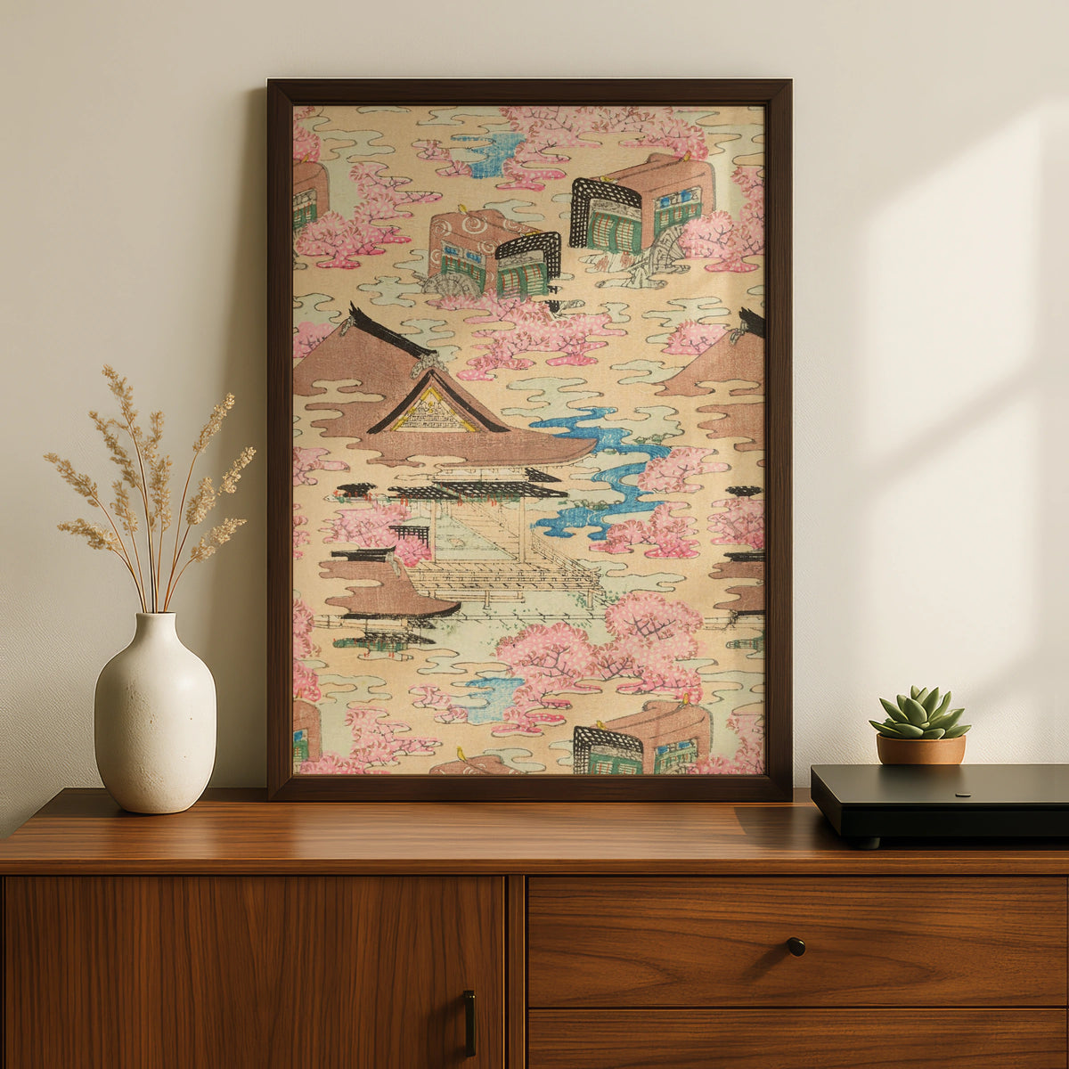 Vintage Japanese Woodblock Wall Art, Cherry Blossom Temple Print, Japandi Poster – A5 Black frame