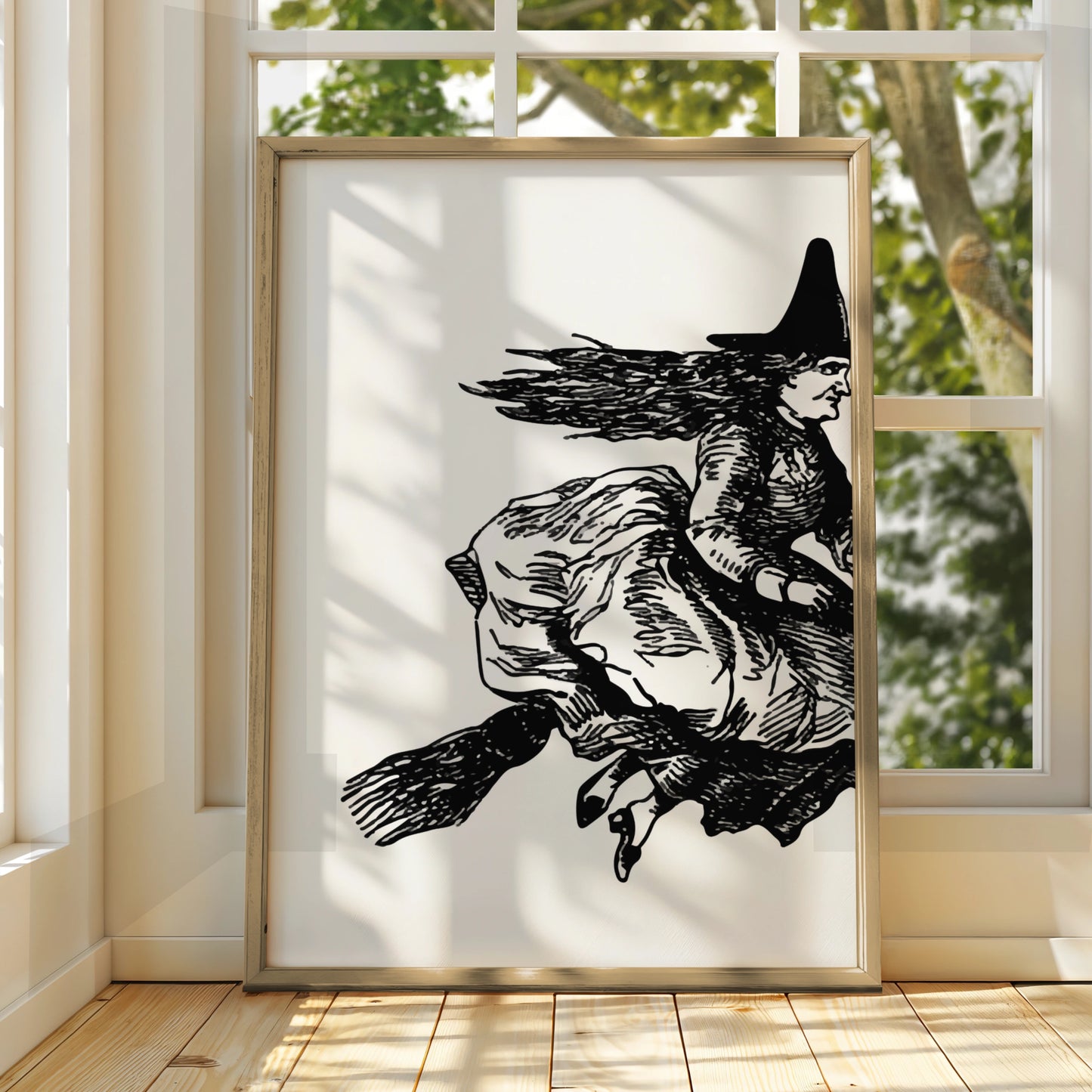Halloween Witch on Broomstick Poster, Black White Vintage Witch Art Print, Spooky Wall Art