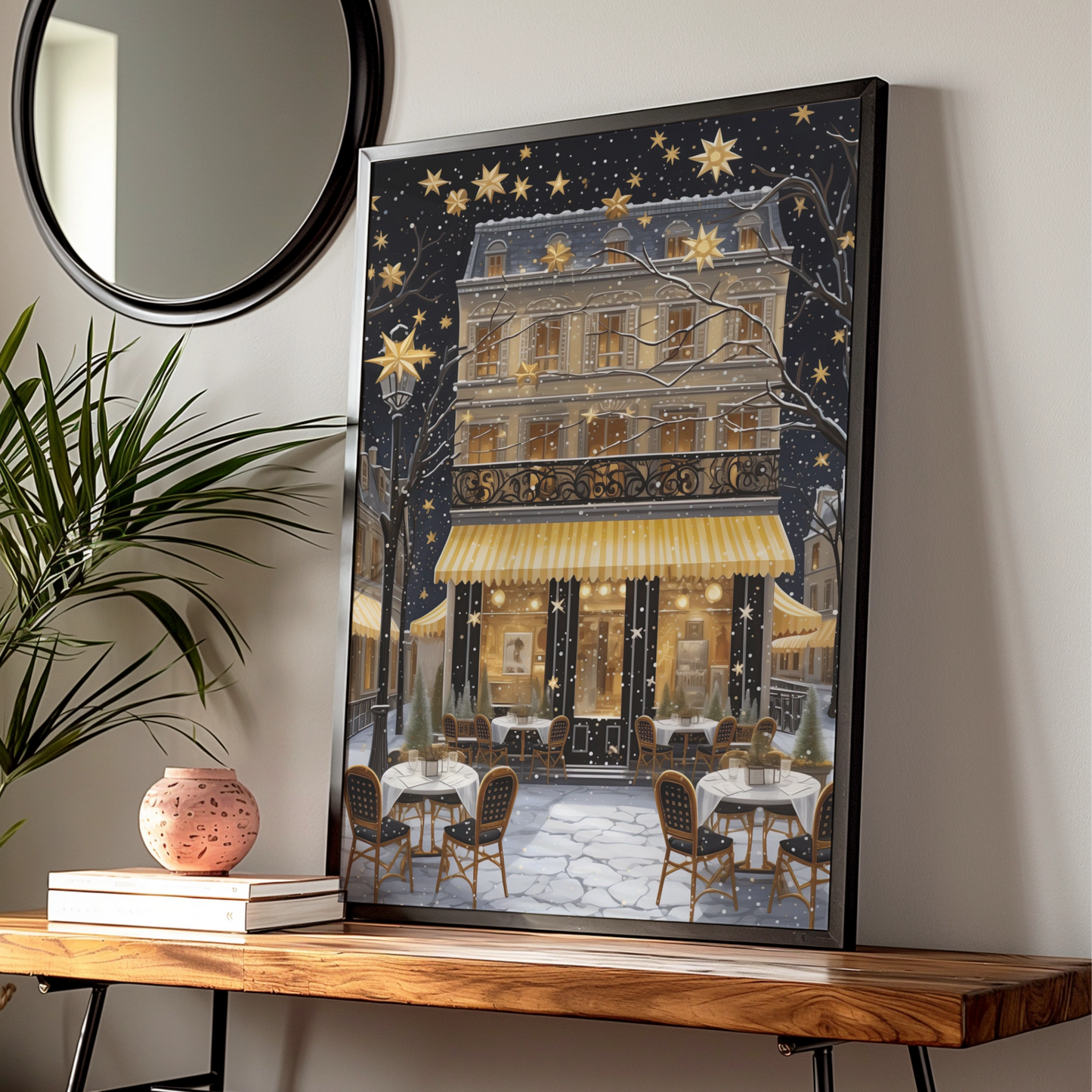 Christmas Paris Cafe Poster, Festive Winter Street Art Print, Gold Stars Snow