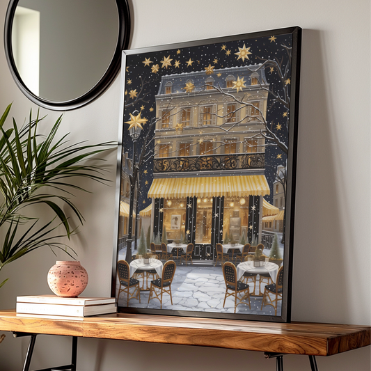 Christmas Paris Cafe Poster, Festive Winter Street Art Print, Gold Stars Snow