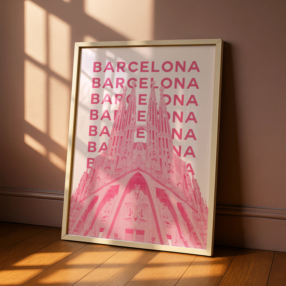 Barcelona Travel Poster Spain Wall Art, Retro Pink Architecture Print, Unique City Decor
