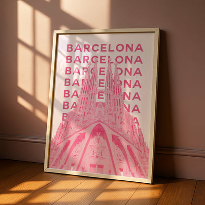 Barcelona Travel Poster Spain Wall Art, Retro Pink Architecture Print, Unique City Decor